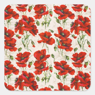 Sticker Carré Motif floral à coquelicot rouge de style vintage,