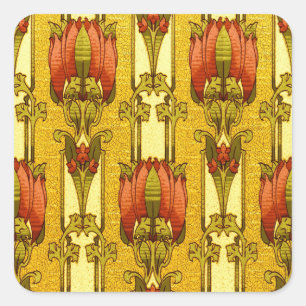 Sticker Carré Motif floral Art Nouveau rouge de tulipe