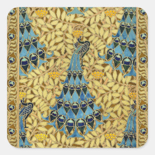 Sticker Carré Motif floral au paon bleu Art nouveau vintage