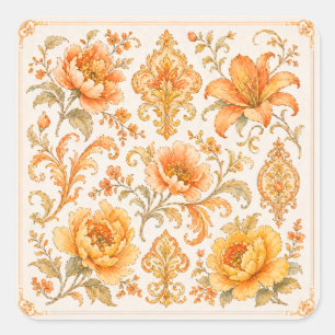 Sticker Carré Motif Floral Baroque Vintage – Orange Chaud / Or