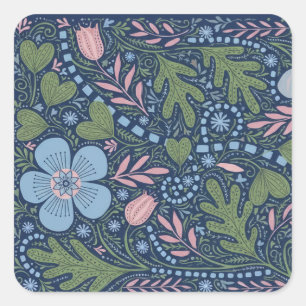 Sticker Carré Motif floral botanique vintage d'art folklorique é