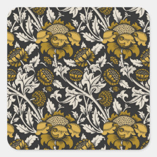 Sticker Carré Motif floral orné avec de grandes fleurs dorées