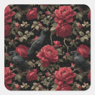 Sticker Carré Motif gothique avec roses rouges et corbeaux