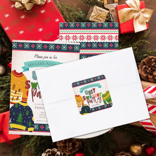 Sticker Carré Motif moche de fête de Noël Invitation (Ugly Sweater Pattern Christmas Party Invitation Square Sticker
)
