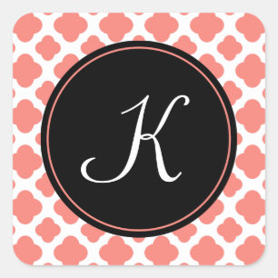 Sticker Carré Motif monogramme Coral rose Quatrefoil