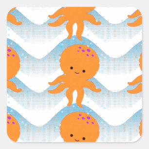 Sticker Carré Motif Octopus Orange Et Vagues Bleues