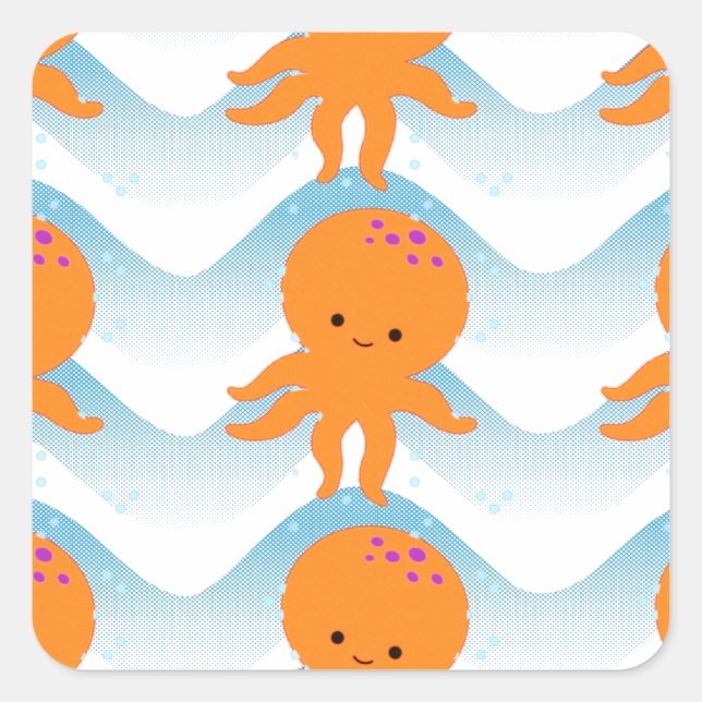 Sticker Carré Motif Octopus Orange Et Vagues Bleues (Devant)