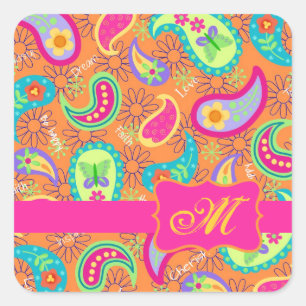 Sticker Carré Motif Orange Moderne Paisley Whimsy