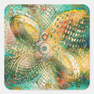 Sticker Carré Motif Paisley dans des tons de jaune et de vert vi