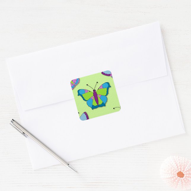 Sticker Carré Motif Papillon Patchwork sur Fond Vert (Créateur téléchargé)