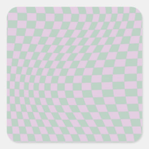 Sticker Carré Motif Retro Checkerboard Sage Green Purple Check