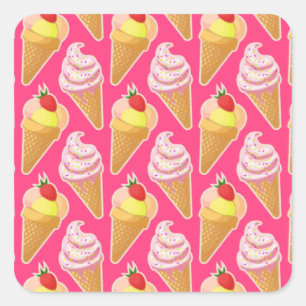 Sticker Carré Motif rose Kawaii avec crème glacée aux fraises