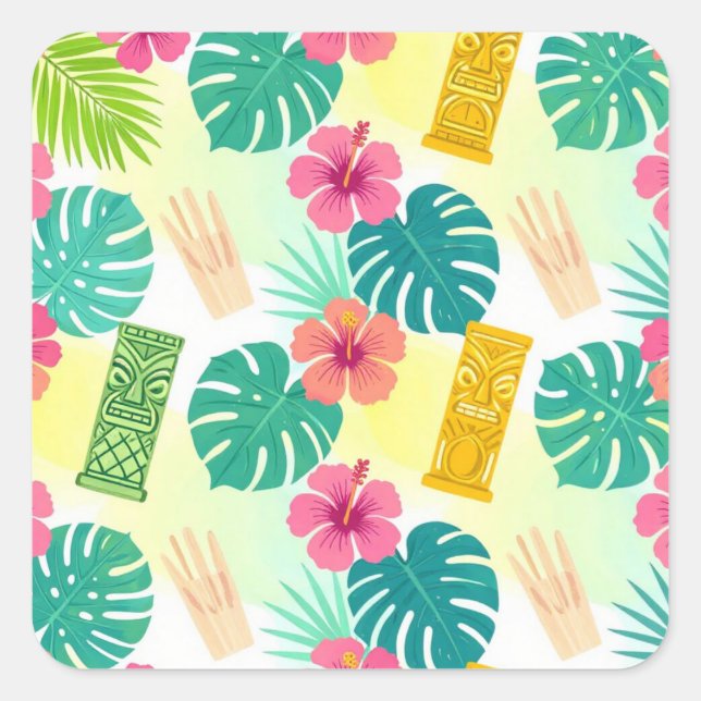 Sticker Carré Motif Tiki Hawaïen Tropical pour Mariage Fête (Devant)