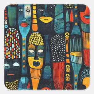 Sticker Carré Motif tribal africain avec idoles.