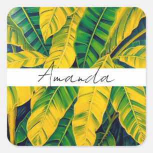 Sticker Carré Motif vibrant à feuilles de bananier vert et jaune