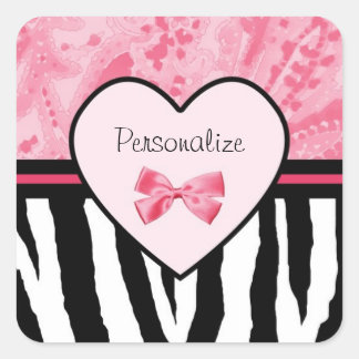 Sticker Carré Motif Zèbre Rose Et Noir À La Mode Avec Nom