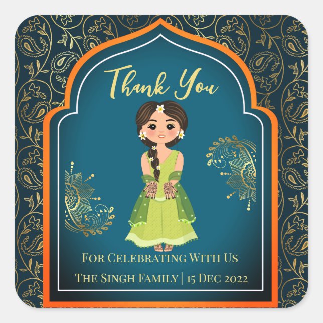 Sticker Carré Motifs indiens Mehndi design turquoise vert (Devant)