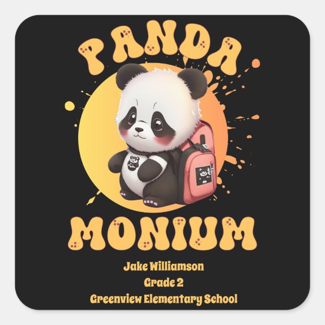 Sticker Carré Motivation Chibi Kawaii Panda Nom de l'école Année (Devant)