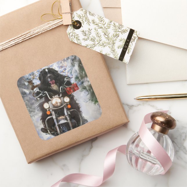 Sticker Carré Moto à chiens de Terre-Neuve Noël (Cadeaux)