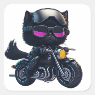 Sticker Carré Motorcycle d'équitation de chat noir mignon
