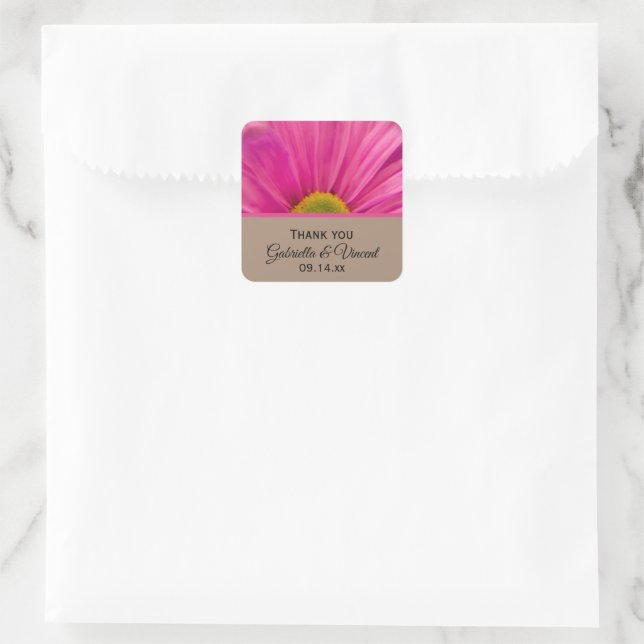 Sticker Carré Mots clés Pink Gerber Daisy Mariage Merci Favorise (Sac)