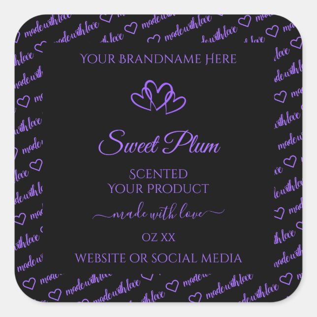 Sticker Carré Mots noirs et violets Cloud Produit Coeurs Étiquet (Devant)