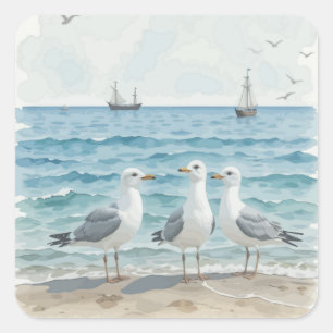 Sticker Carré Mouettes Bord De Mer Océan Plage Oiseau Animal Art