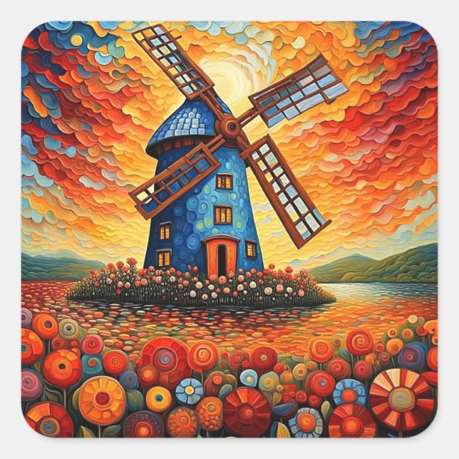 Sticker Carré Moulin au coucher du soleil 3 (Devant)