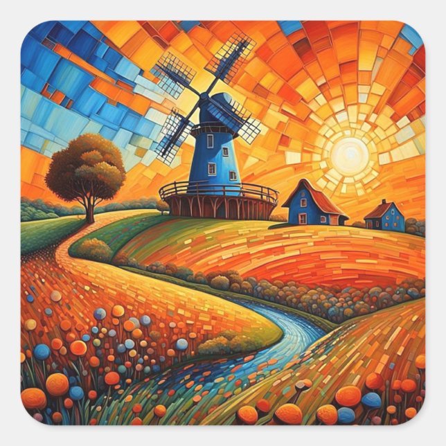 Sticker Carré Moulin au coucher du soleil 5 (Devant)