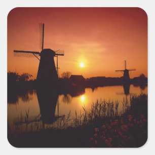 Sticker Carré Moulins à vent au coucher du soleil, Kinderdijk, P