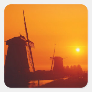 Sticker Carré Moulins à vent au coucher du soleil, Schermerhorn,