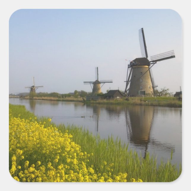 Sticker Carré Moulins à vent le long du canal à Kinderdijk, (Devant)