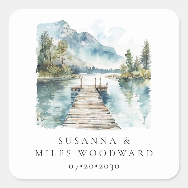 Sticker Carré Mountain Lake Watercolor Forest Trees Wedding (Devant)