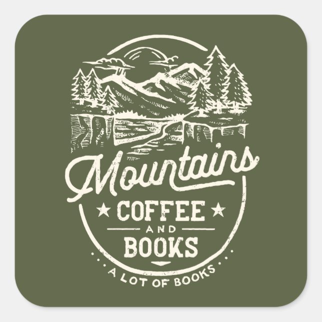 Sticker Carré Mountains Coffee Books Vintage (Devant)