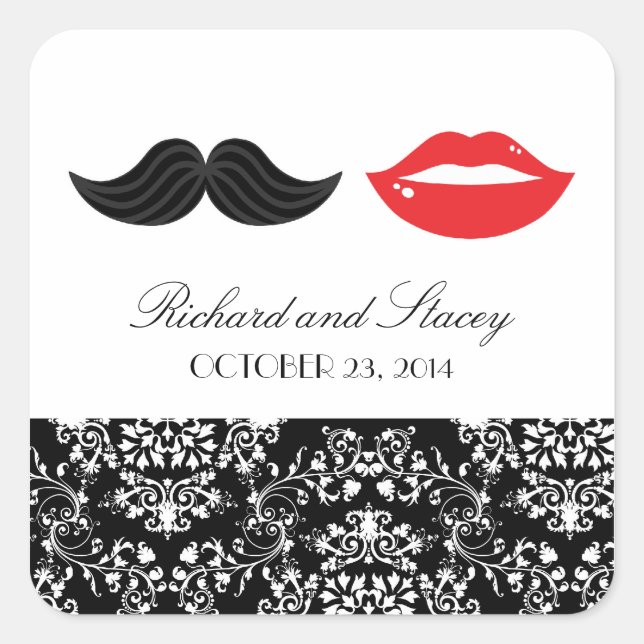 Sticker Carré Moustache et lèvres rouge, noir et blanc Mariage d (Devant)