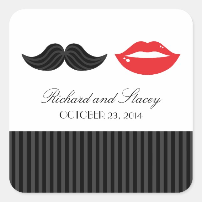 Sticker Carré Moustache rouge, noir et blanc et Mariage des lèvr (Devant)