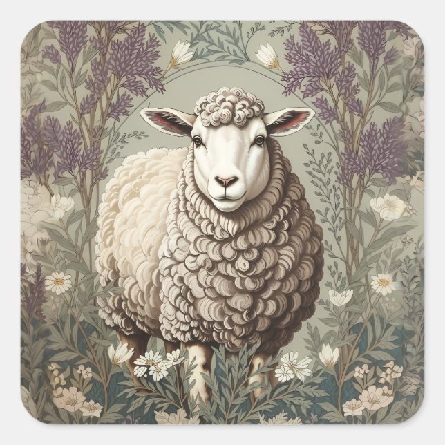 Sticker Carré Moutons Élégants Fond De Fleur De Lavande (Devant)