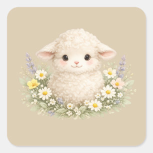 Sticker Carré Moutons Fantaisistes et Fleurs Sauvages pour un Ch