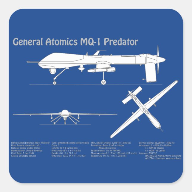 Sticker Carré MQ-1 Predator UAV- Plan d'avion ABD (Devant)