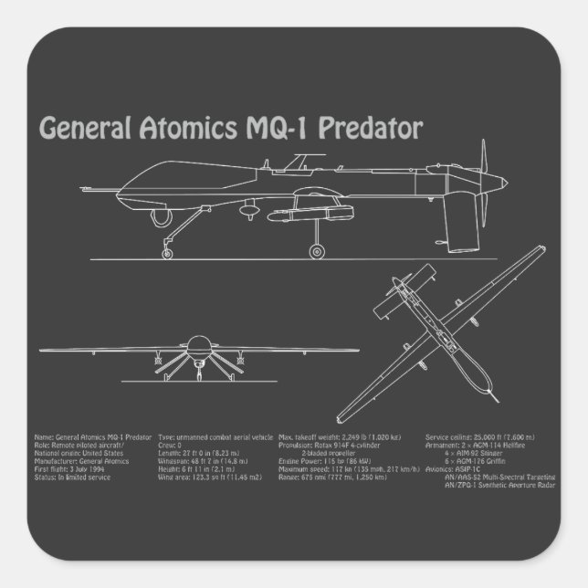 Sticker Carré MQ-1 Predator UAV - Plan directeur de l'avion PD (Devant)