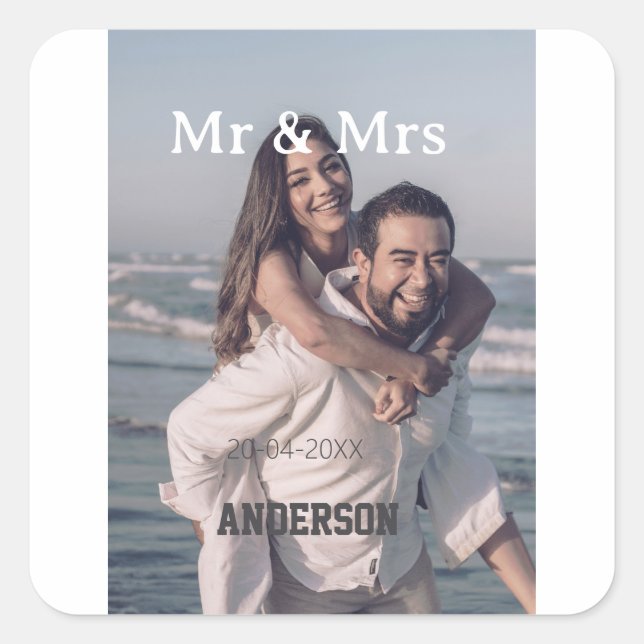 Sticker Carré Mr & Mrs add family name photo date wedding family (Devant)