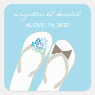 Sticker Carré Mr & Mrs Blue Flowers Flip Flops Plage Mariage
