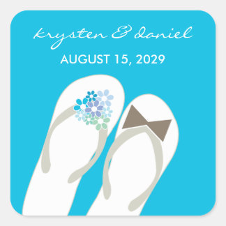 Sticker Carré Mr & Mrs Blue Flowers Flip Flops Plage Mariage