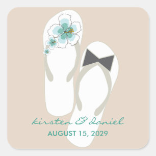 Sticker Carré Mr & Mrs Blue Hibiscus Flip Flops Plage Mariage