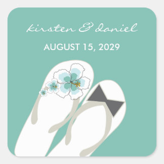 Sticker Carré Mr & Mrs Blue Hibiscus Flip Flops Plage Mariage