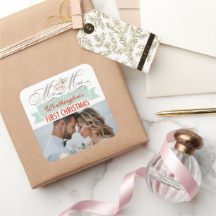 Sticker Carré Mr & Mrs First Christmas Mistletoes Mariage photo