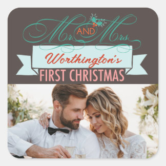 Sticker Carré Mr & Mrs First Christmas Mistletoes Mariage photo