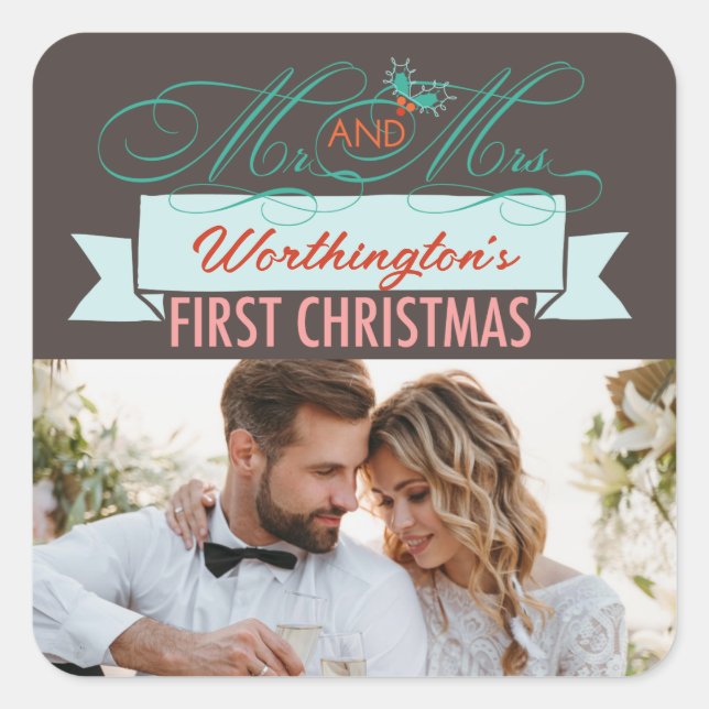 Sticker Carré Mr & Mrs First Christmas Mistletoes Mariage photo (Devant)