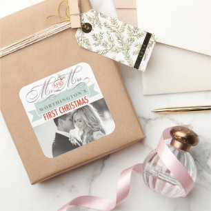 Sticker Carré Mr & Mrs First Christmas Mistletoes Mariage photo
