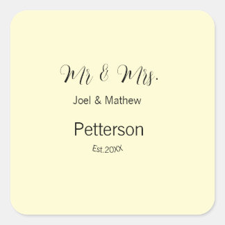Sticker Carré mr & mrs nom année de mariage couple simple jaune